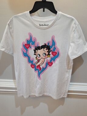 Betty Boop White Tee with Blue & Pink Heart Flame Graphic